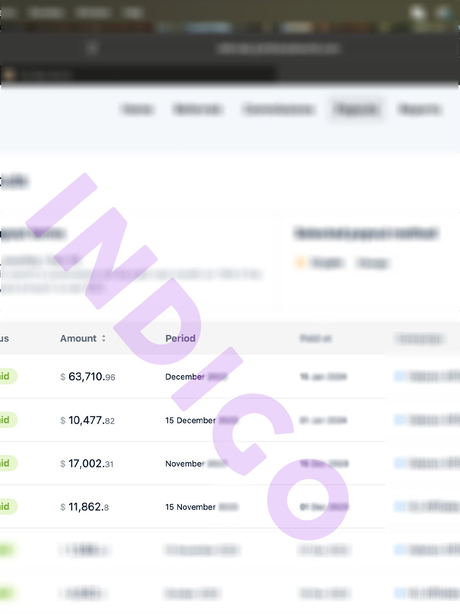 Payment dashboard showing multiple high-value transactions